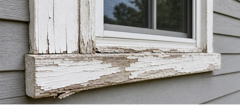Before: weathered window sill trim with peeling paint